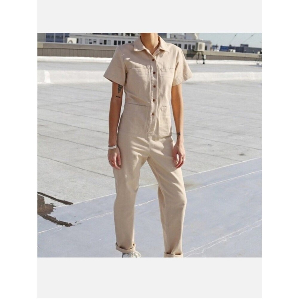 Ilana Kohn Beige Short Sleeve Button Front Jumpsuit Overall Cotton Utility Sz 4